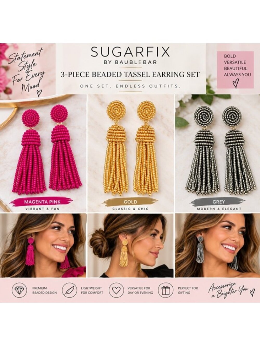 SUGARFIX by BaubleBar Beaded Tassel Drop Earring 3 Pair Bundle Magenta Gold Gray